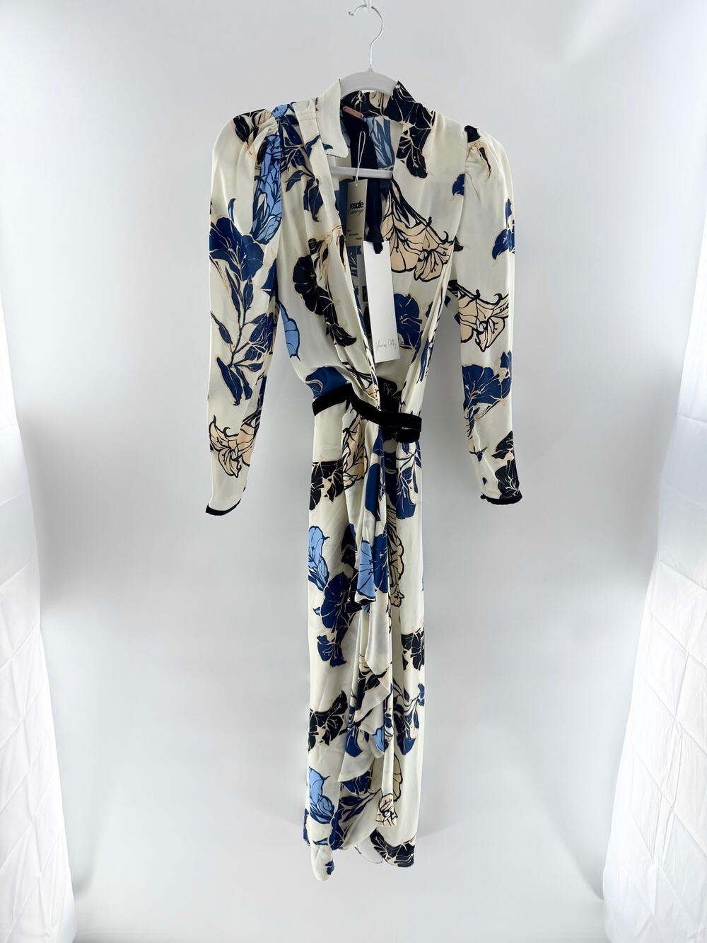 NWT Johanna Ortiz Sapphire Mystify Long Sleeve V-Neck Midi Wrap Dress Cream 4